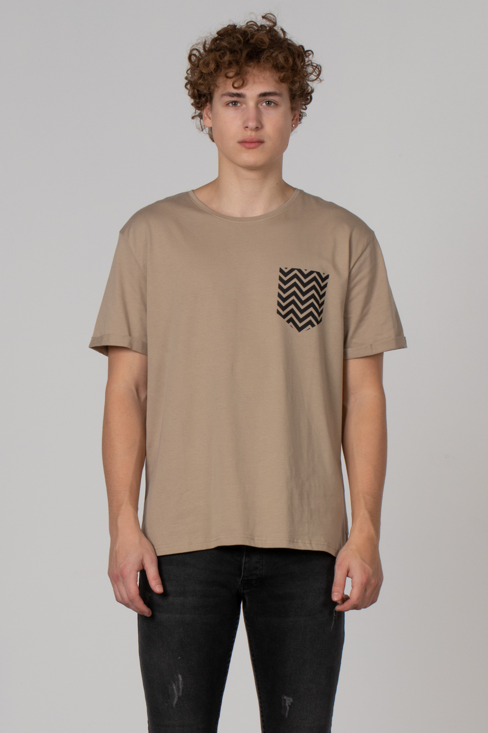 Cep zikzak baskılı t-shirt-2311 Vizon