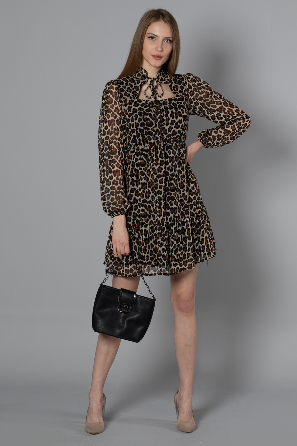 Çerçeve yaka şifon kısa elbise-W0008191 Leopar