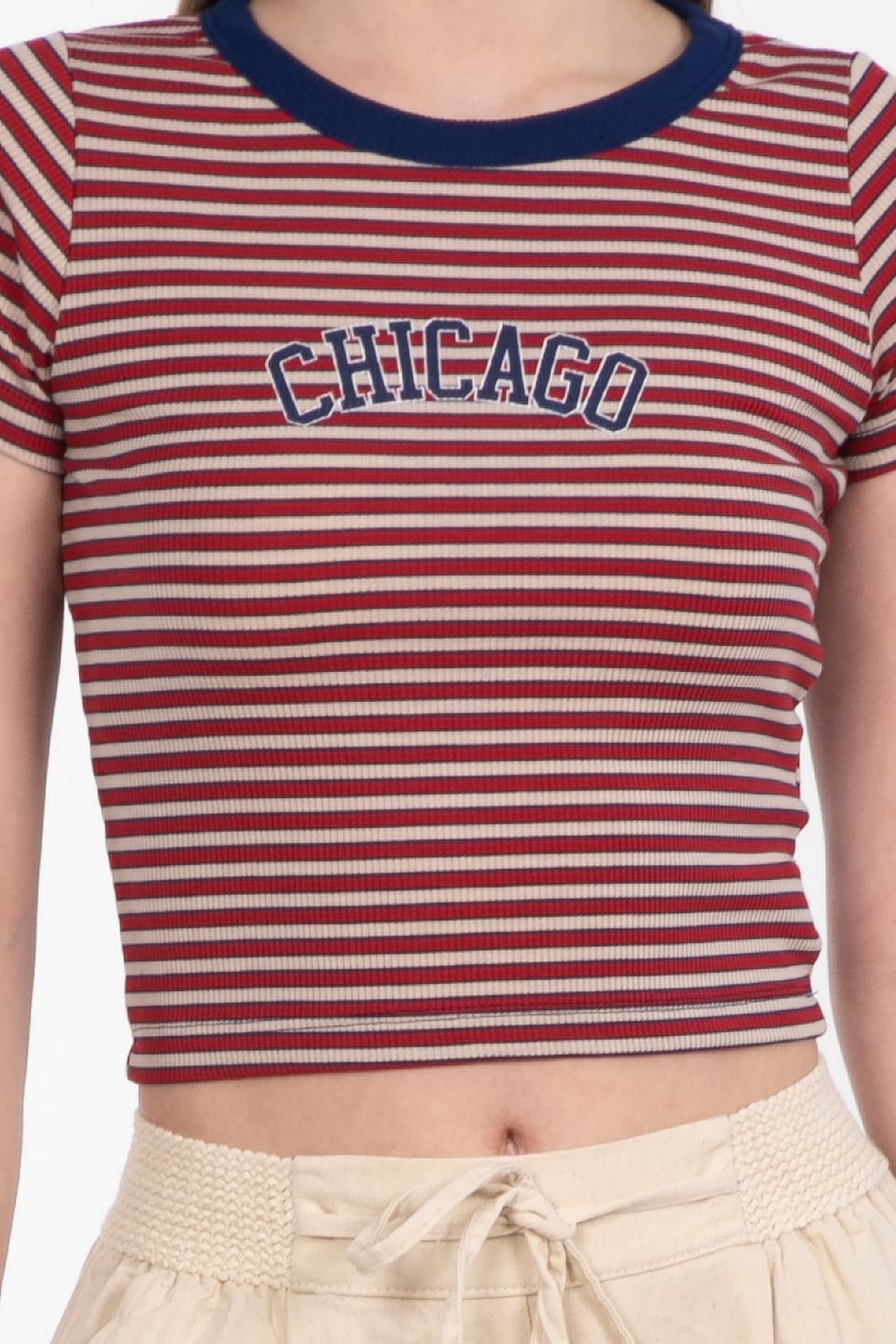 Chıcago baskılı çizgili crop t-shirt-DVN0208 Kırmızı