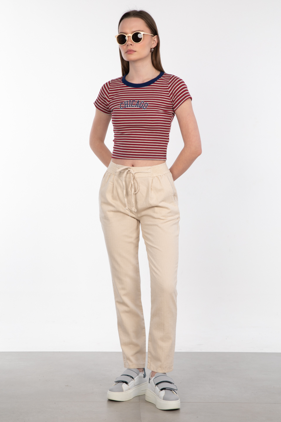 Chıcago baskılı çizgili crop t-shirt-DVN0208 Kırmızı