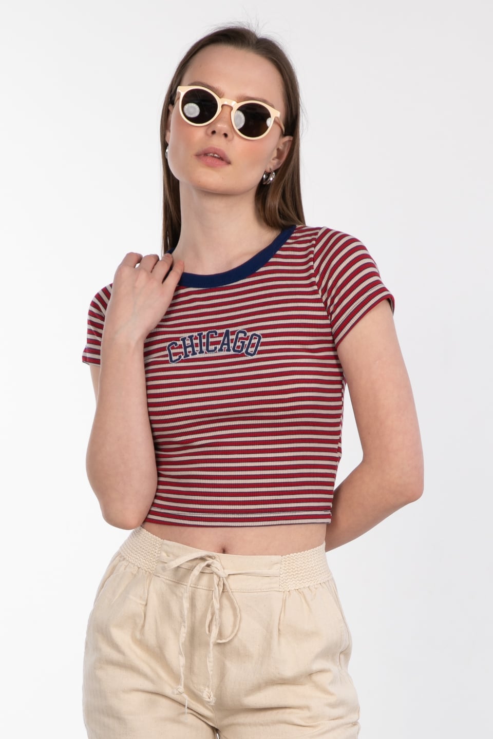 Chıcago baskılı çizgili crop t-shirt-DVN0208 Kırmızı
