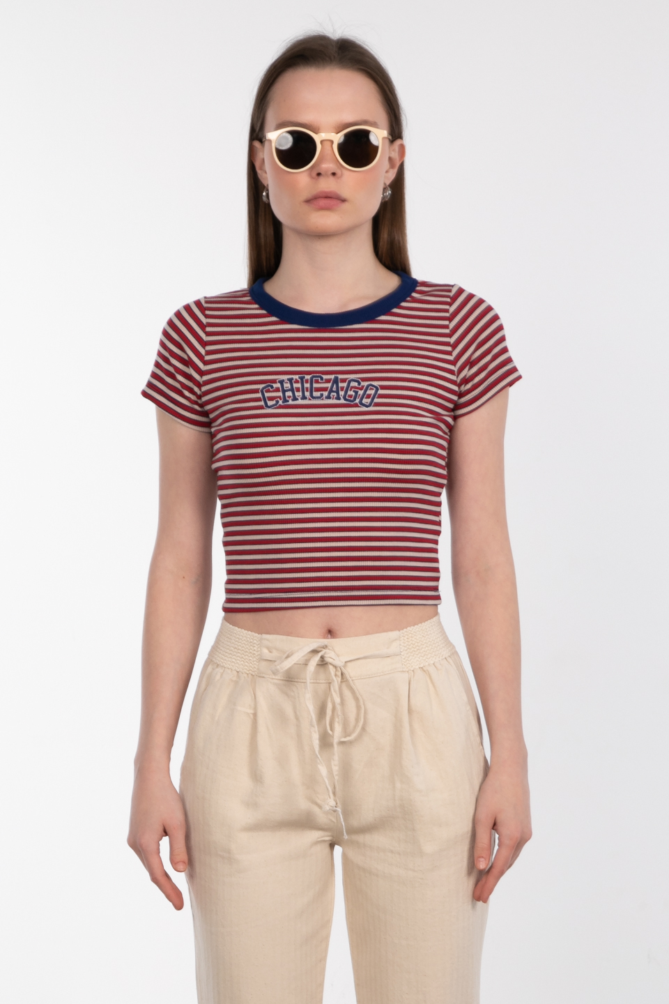 Chıcago baskılı çizgili crop t-shirt-DVN0208 Kırmızı
