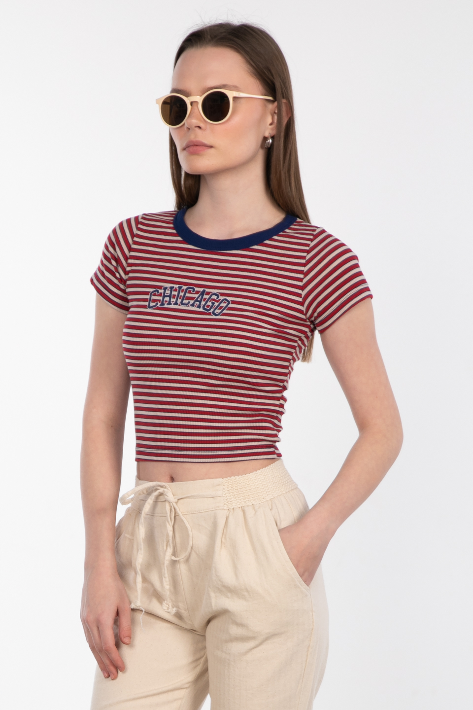 Chıcago baskılı çizgili crop t-shirt-DVN0208 Kırmızı