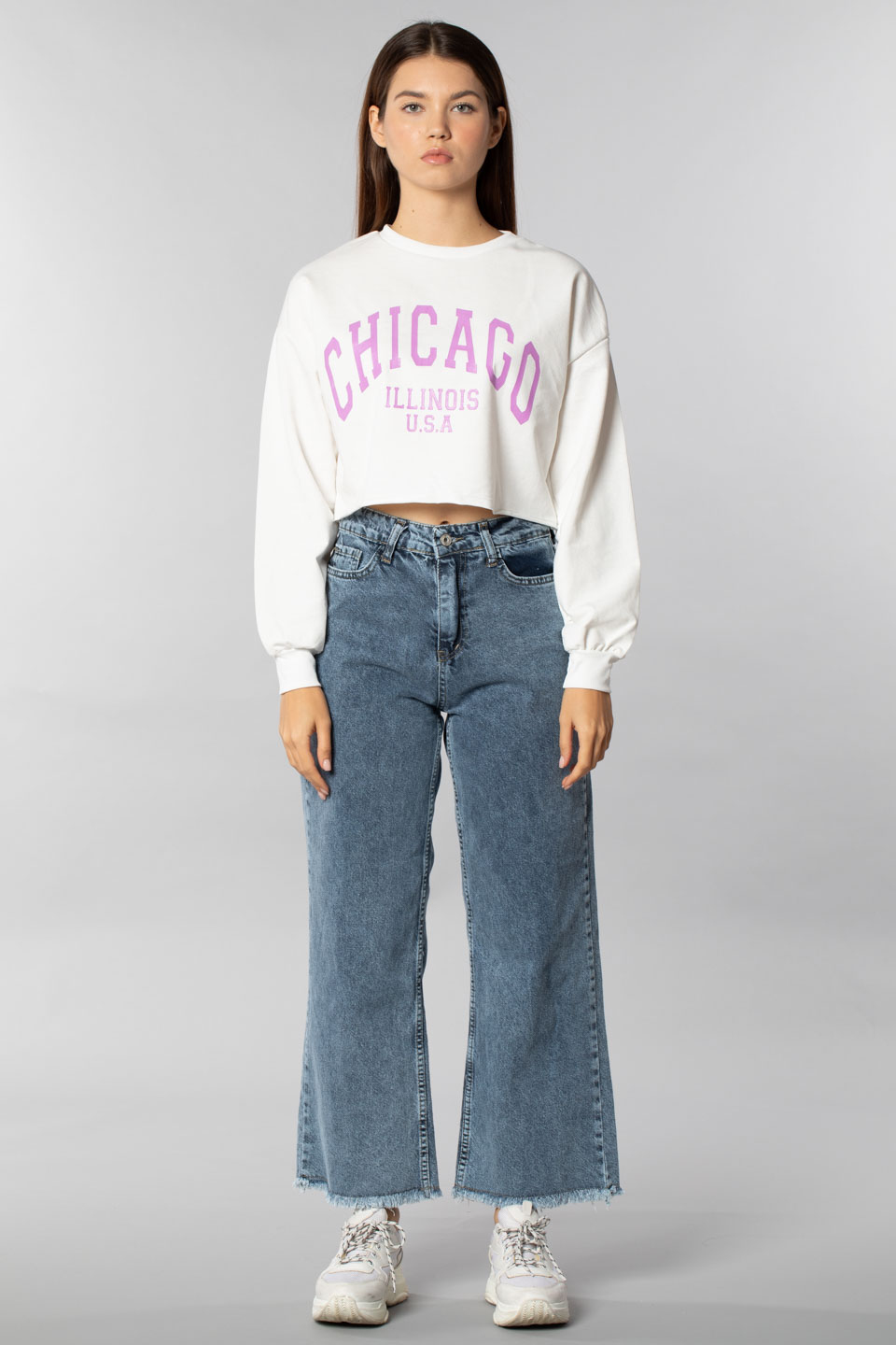 Chıcago basklı crop sweatshırt-9681 Ekru