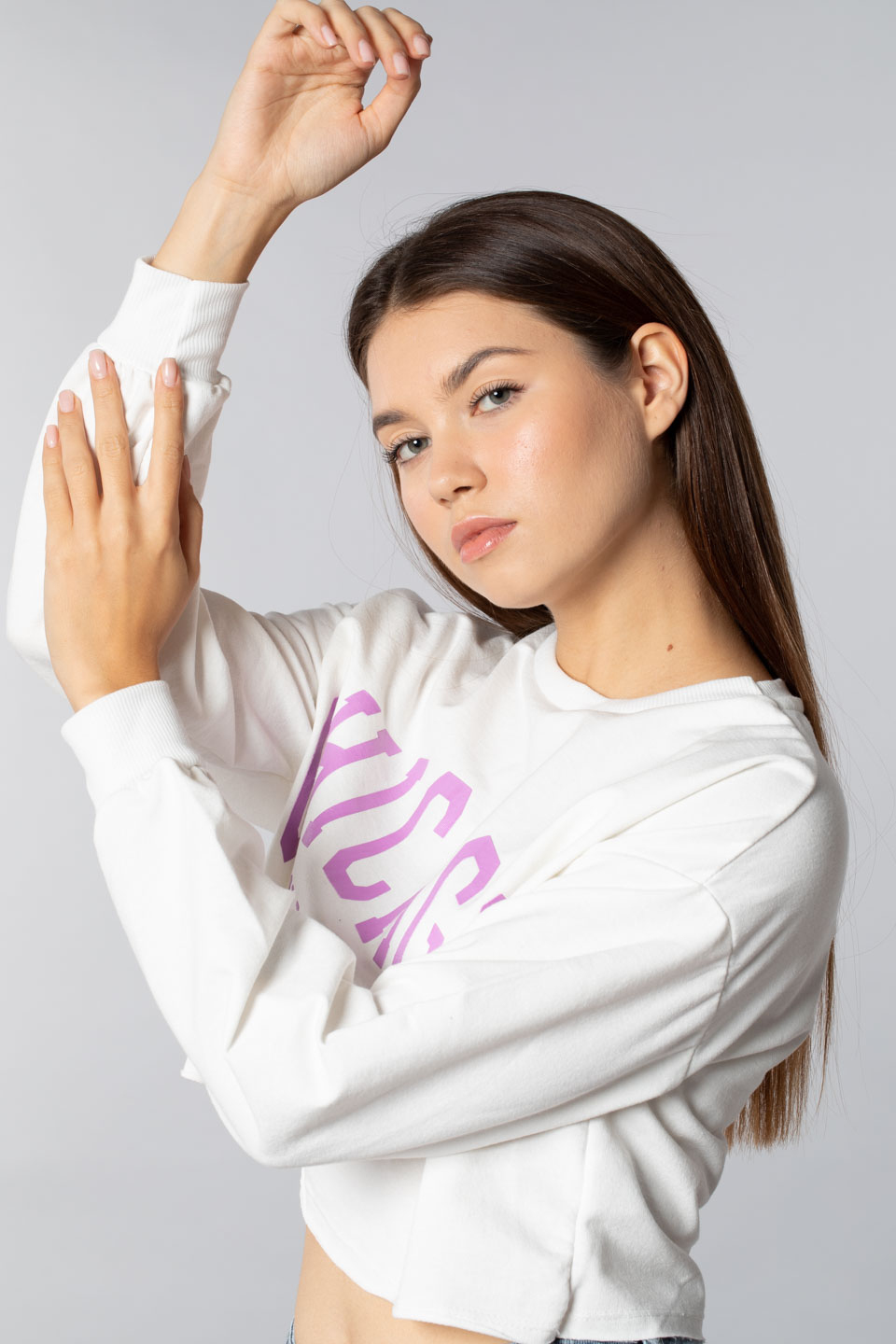 Chıcago basklı crop sweatshırt-9681 Ekru