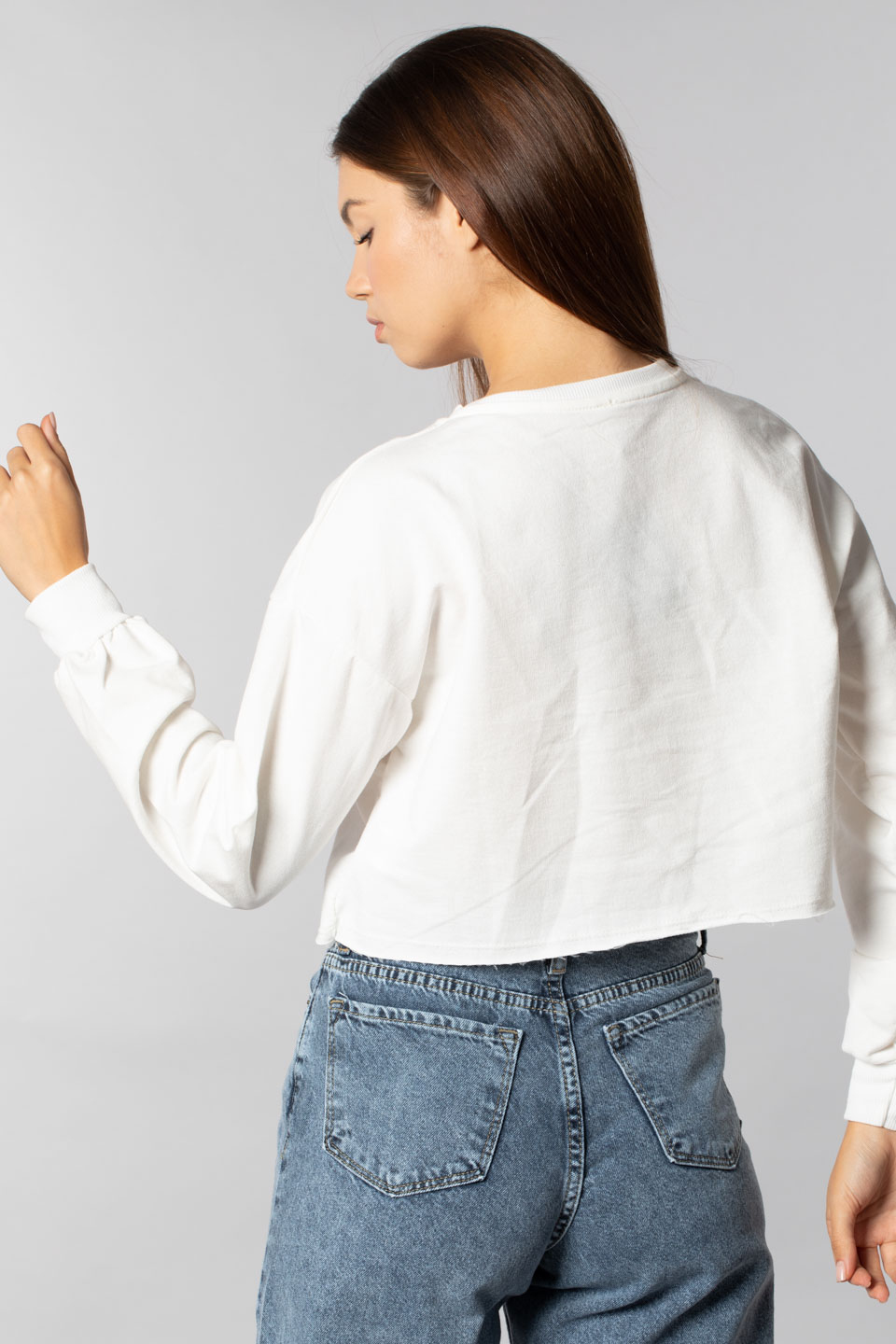 Chıcago basklı crop sweatshırt-9681 Ekru