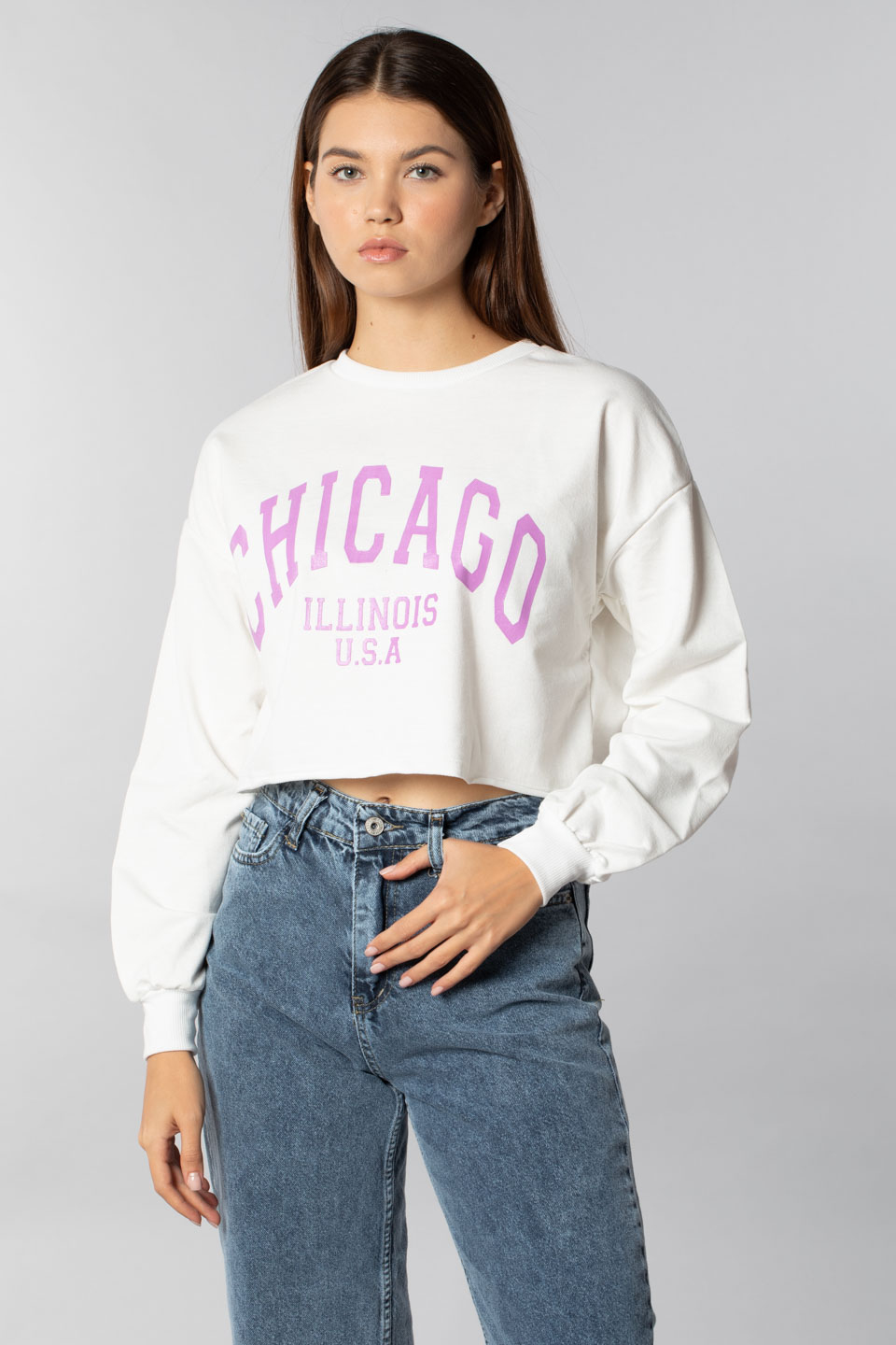 Chıcago basklı crop sweatshırt-9681 Ekru