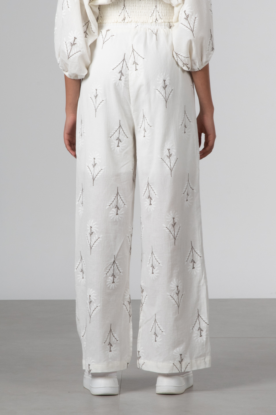 Çiçek desenli keten pantolon-8013-1 T.Kahve