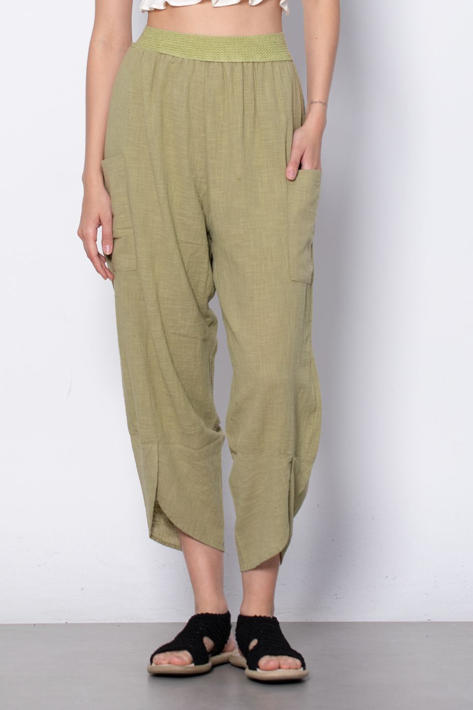 Çift cep beli lastikli pantolon-3133 Haki