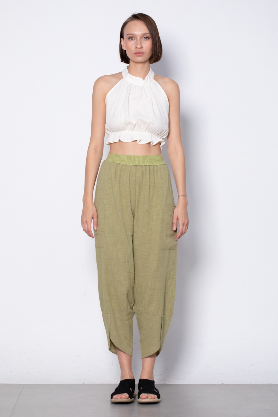 Çift cep beli lastikli pantolon-3133 Haki