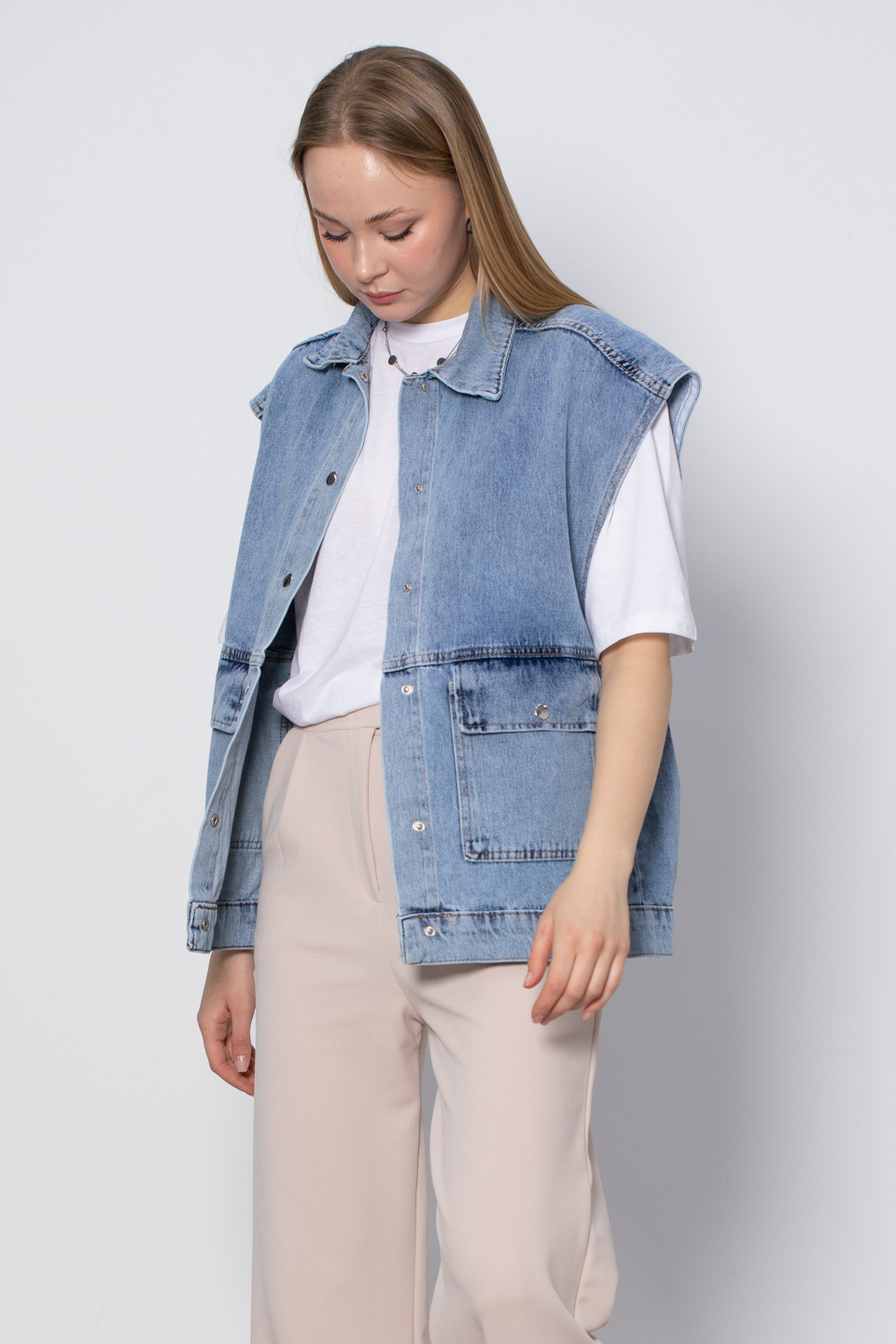 Çift cep denim yelek-11077 Orta Mavi