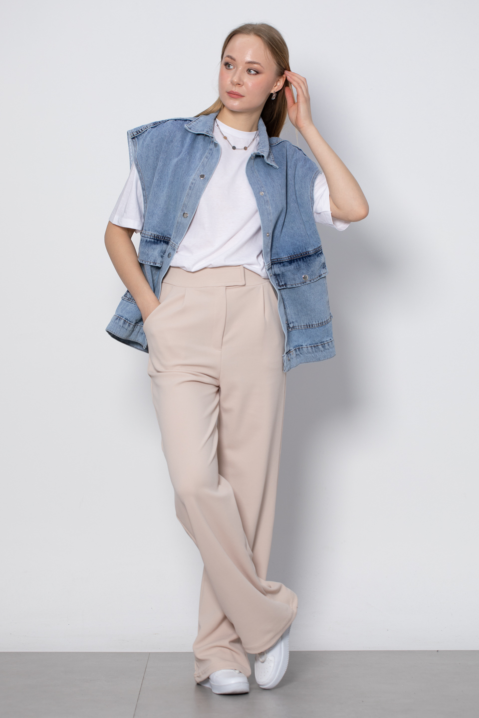 Çift cep denim yelek-11077 Orta Mavi