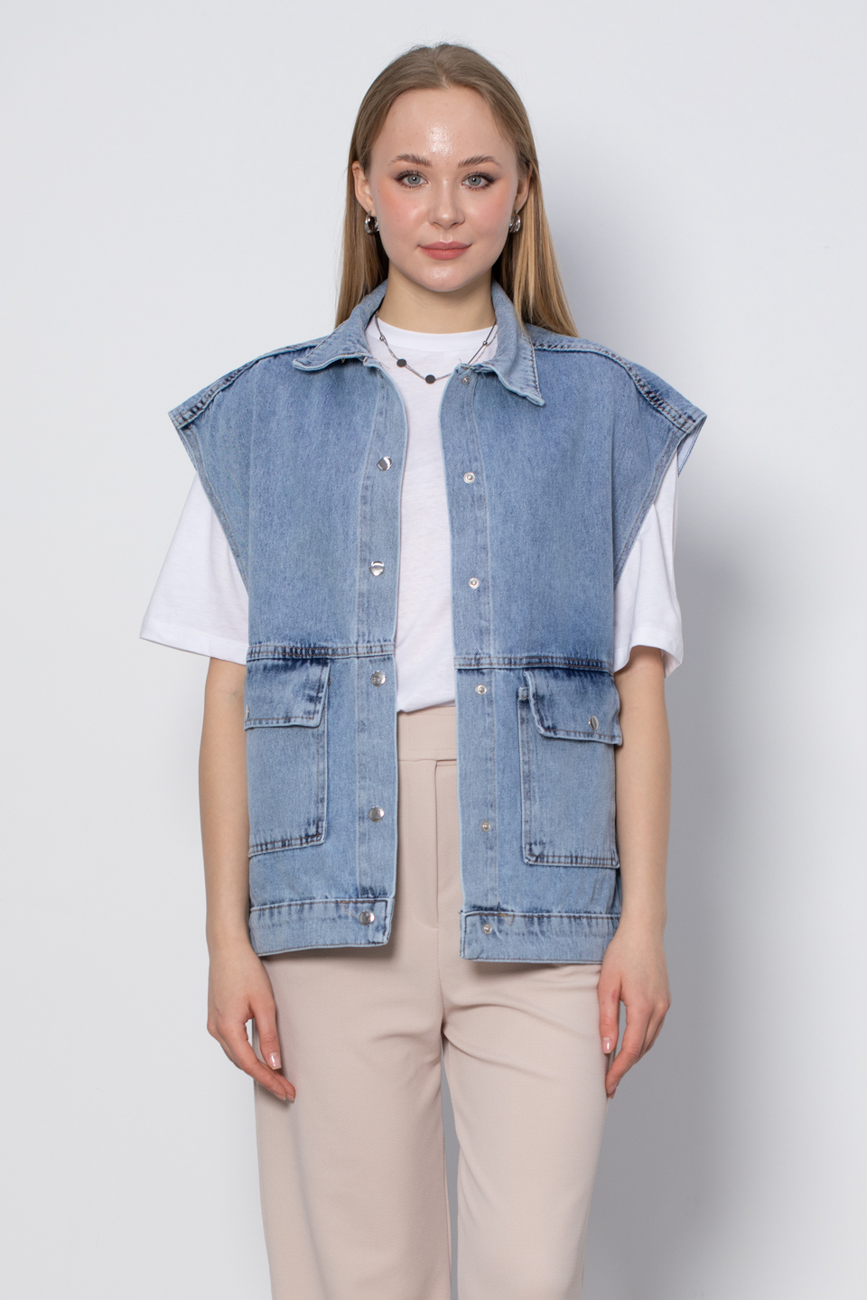 Çift cep denim yelek-11077 Orta Mavi
