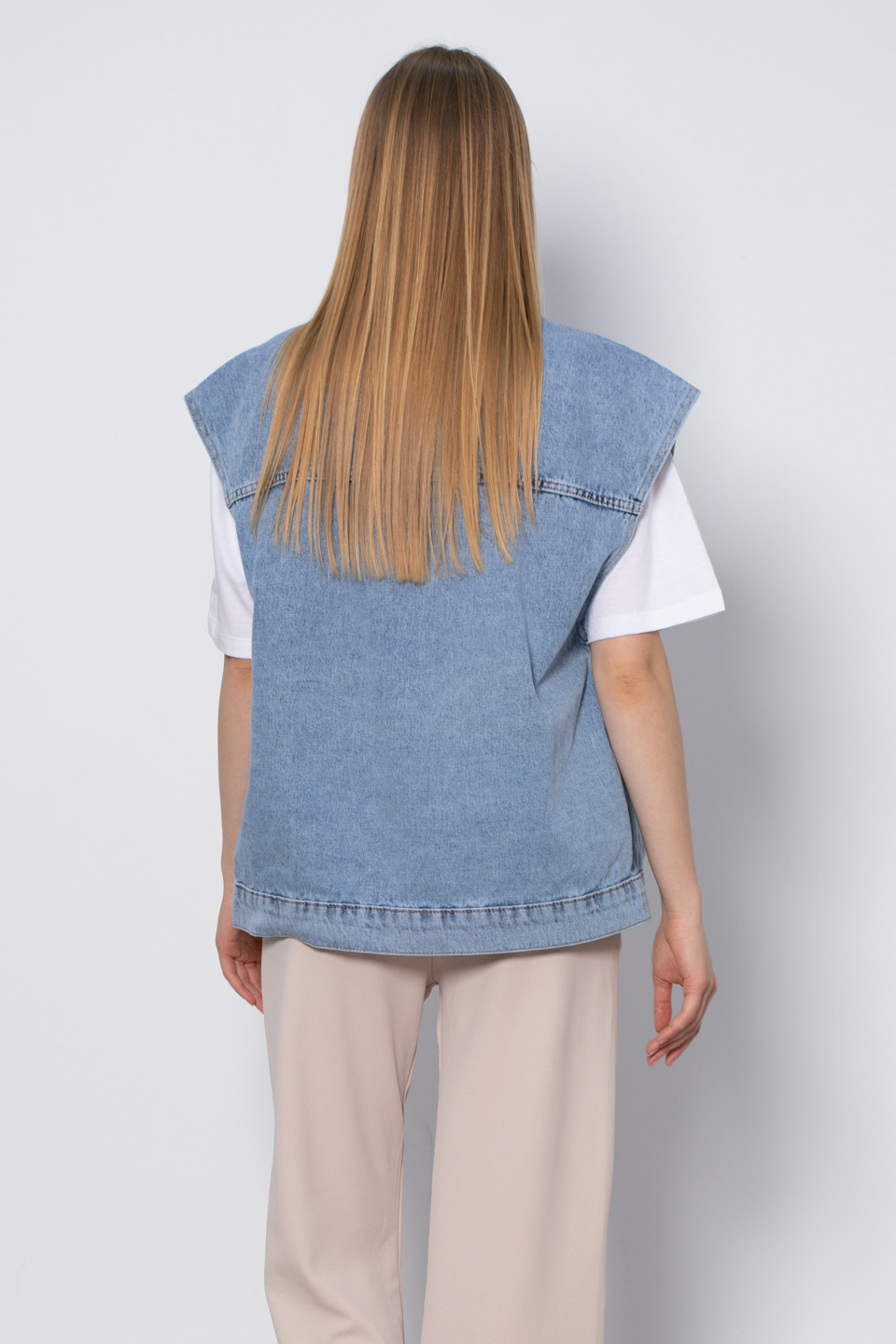 Çift cep denim yelek-11077 Orta Mavi