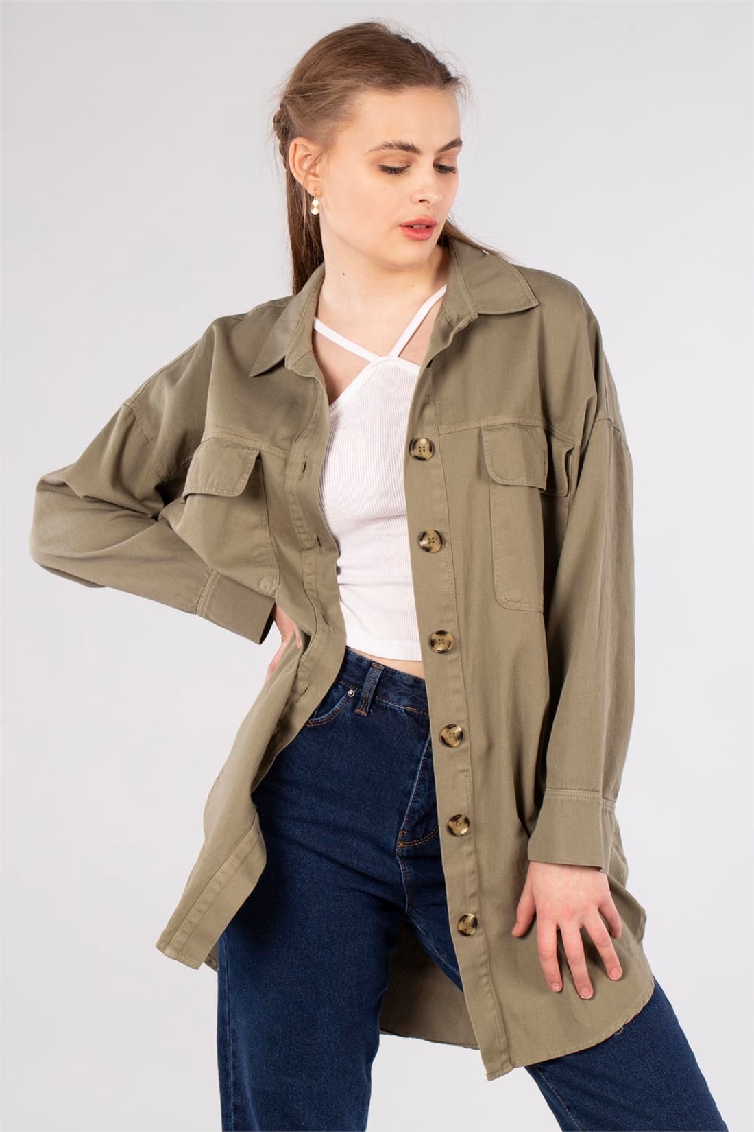 Çift Cep Gabardin Ceket-Haki