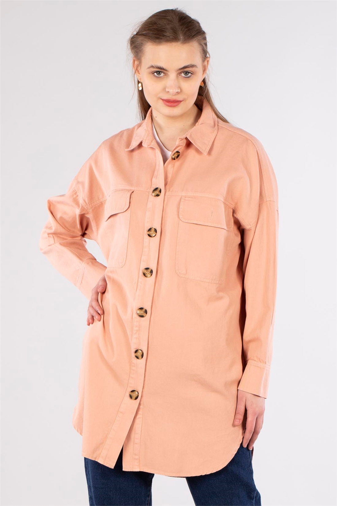 Çift Cep Gabardin Ceket-Pudra