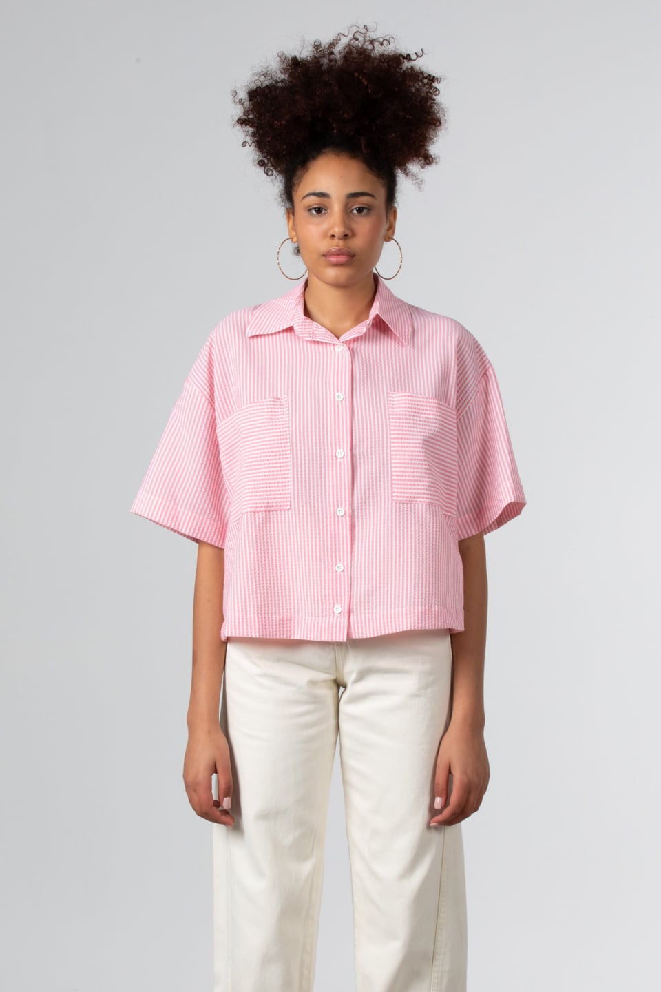 Çift cepli çizgili gömlek-8783 Pembe Ç.
