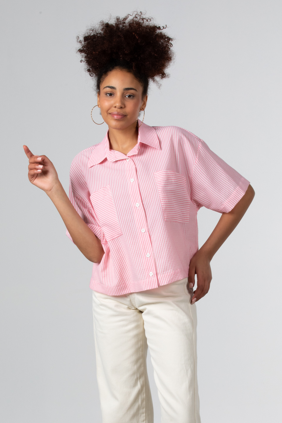 Çift cepli çizgili gömlek-8783 Pembe Ç.