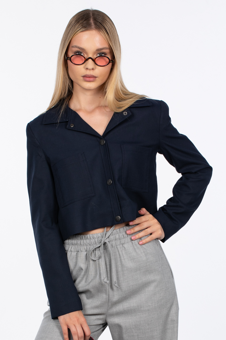 Çift cepli crop ceket-8254 Lacivert