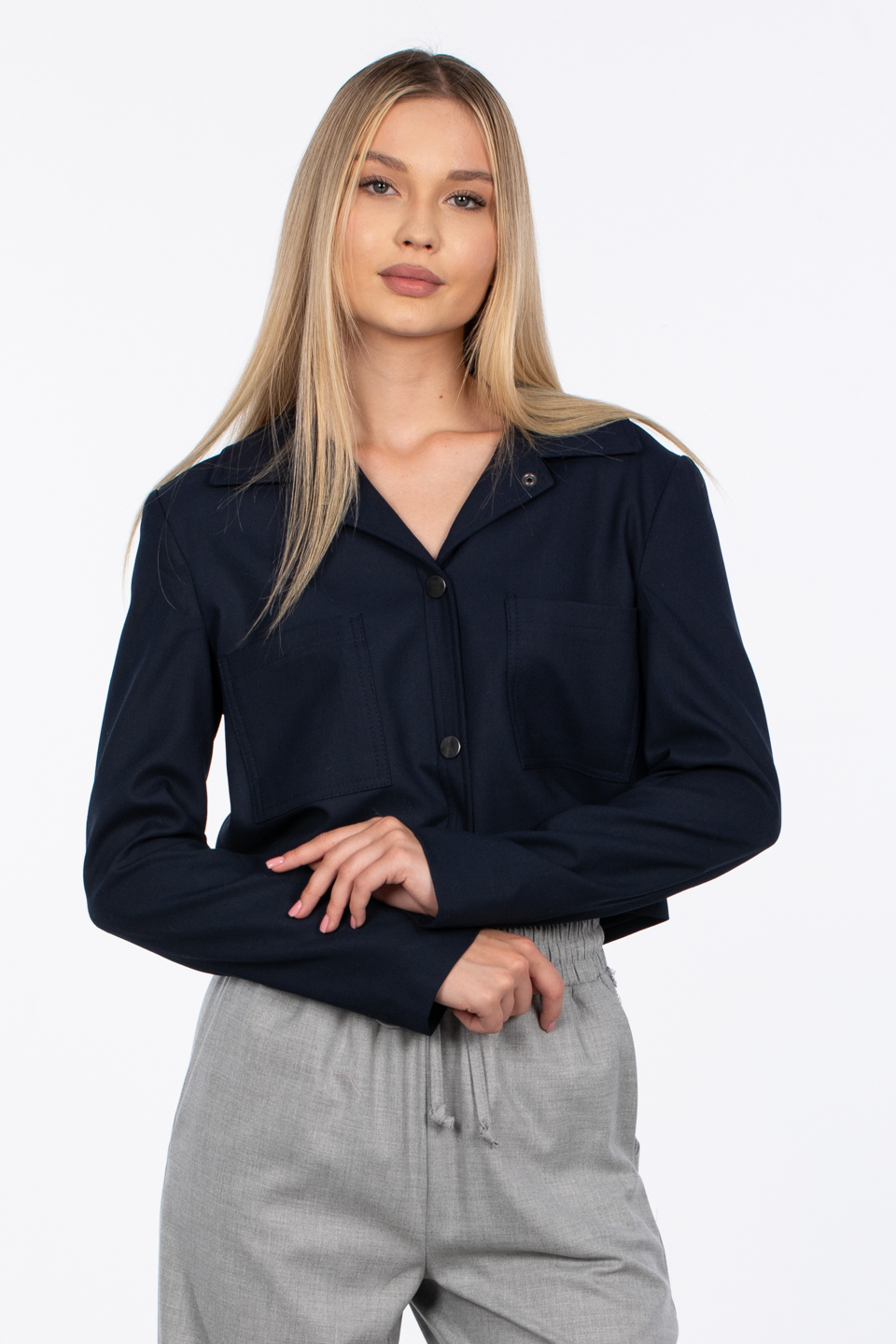 Çift cepli crop ceket-8254 Lacivert