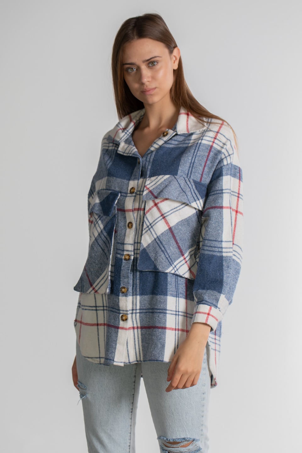 Çift Cepli Ekose Gömlek - İndigo