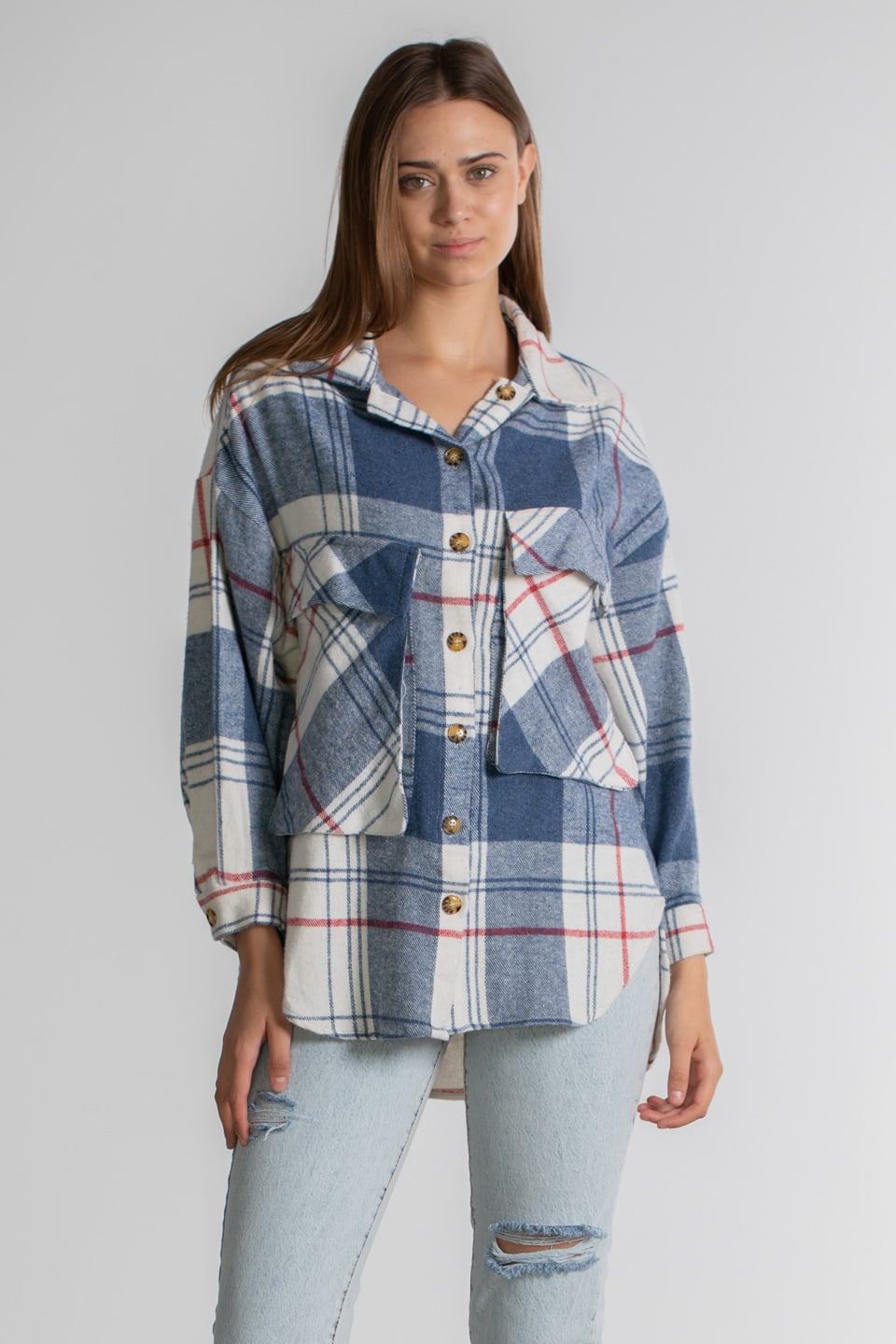 Çift Cepli Ekose Gömlek - İndigo