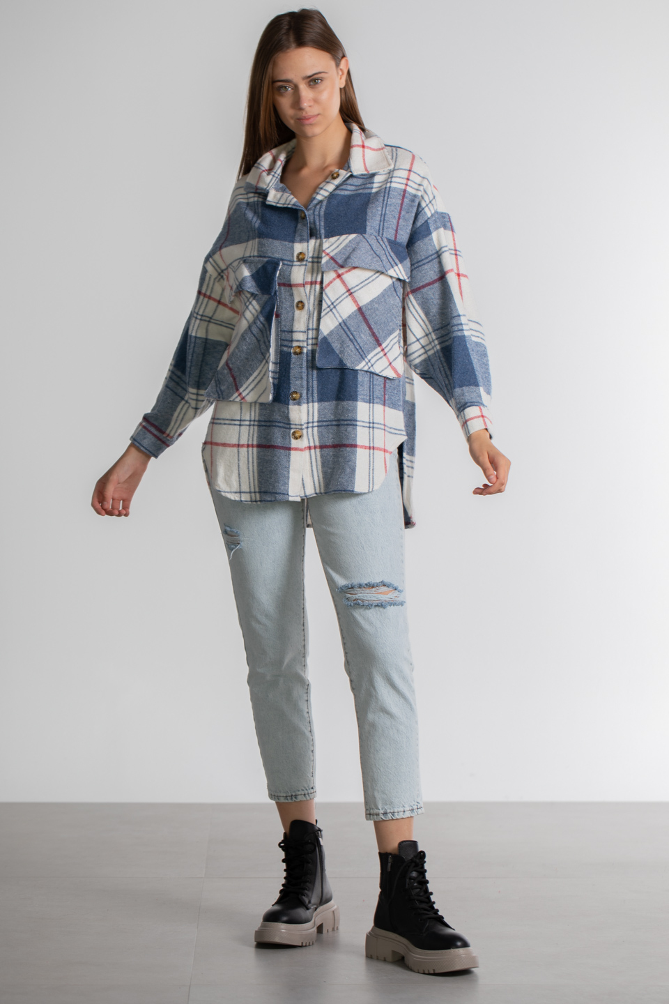 Çift Cepli Ekose Gömlek - İndigo