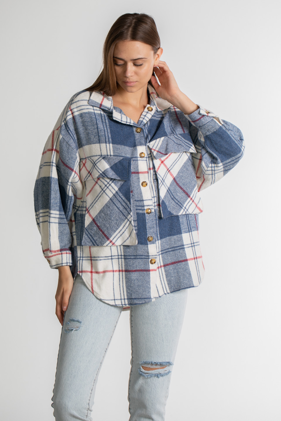 Çift Cepli Ekose Gömlek - İndigo