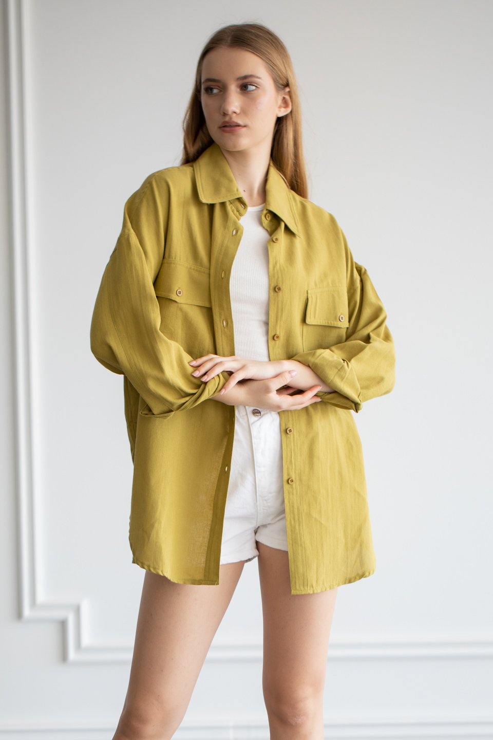 Çift Cepli Oversize Gömlek - Yağ Yeşili