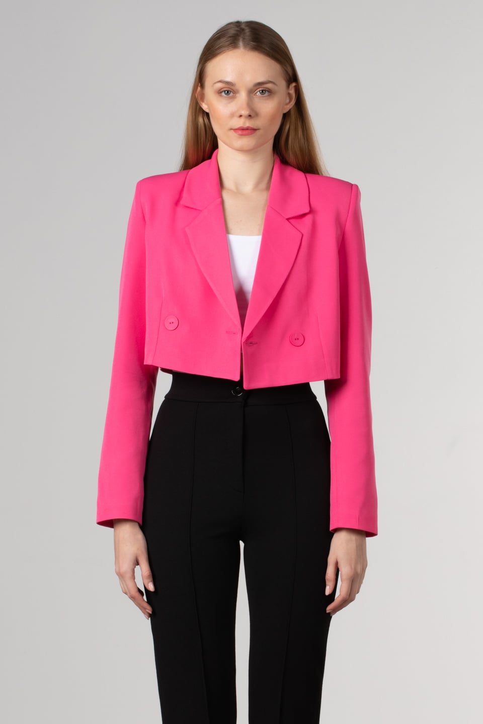 Çift düğmeli crop ceket-7021 Fuşya