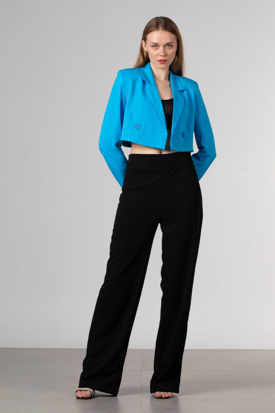 Çift düğmeli crop ceket-7021 Mavi