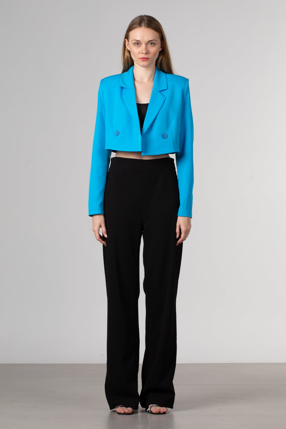 Çift düğmeli crop ceket-7021 Mavi