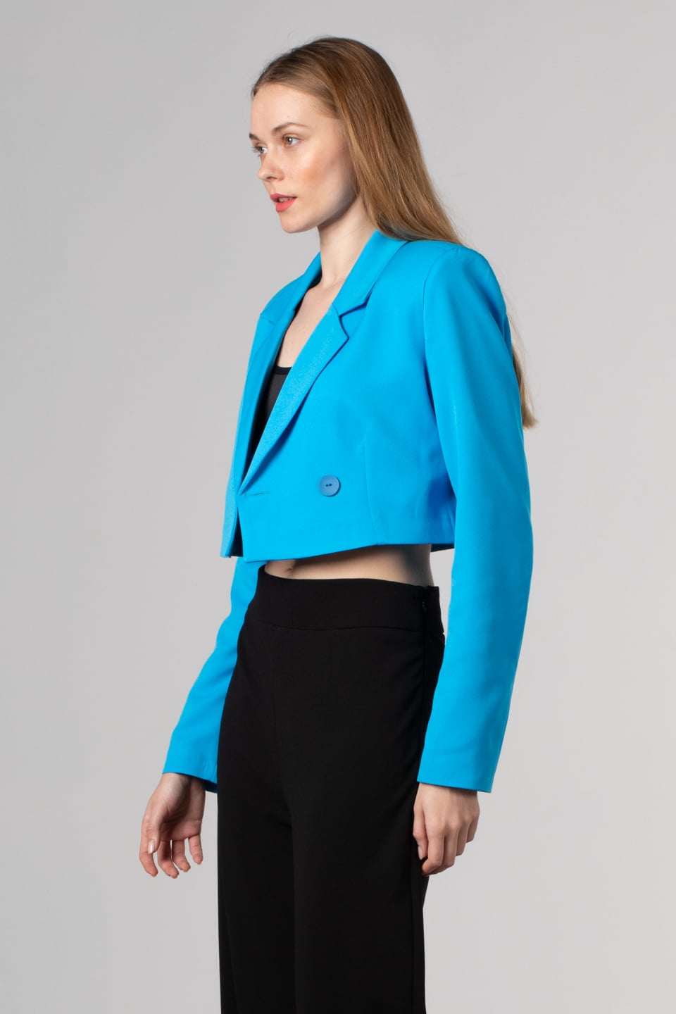 Çift düğmeli crop ceket-7021 Mavi