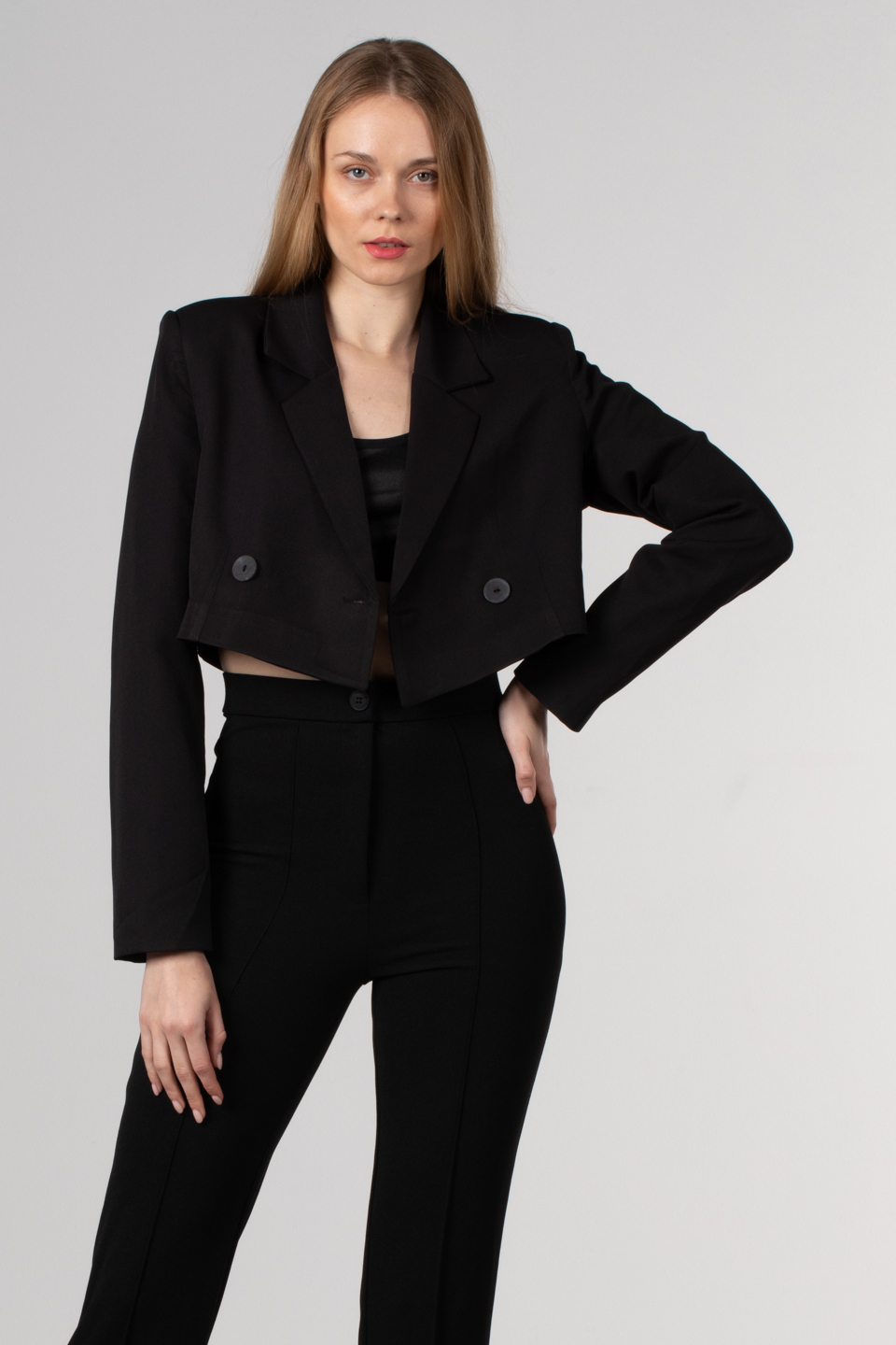 Çift düğmeli crop ceket-7021 Siyah
