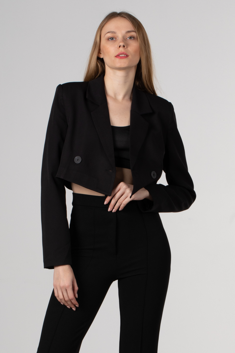 Çift düğmeli crop ceket-7021 Siyah