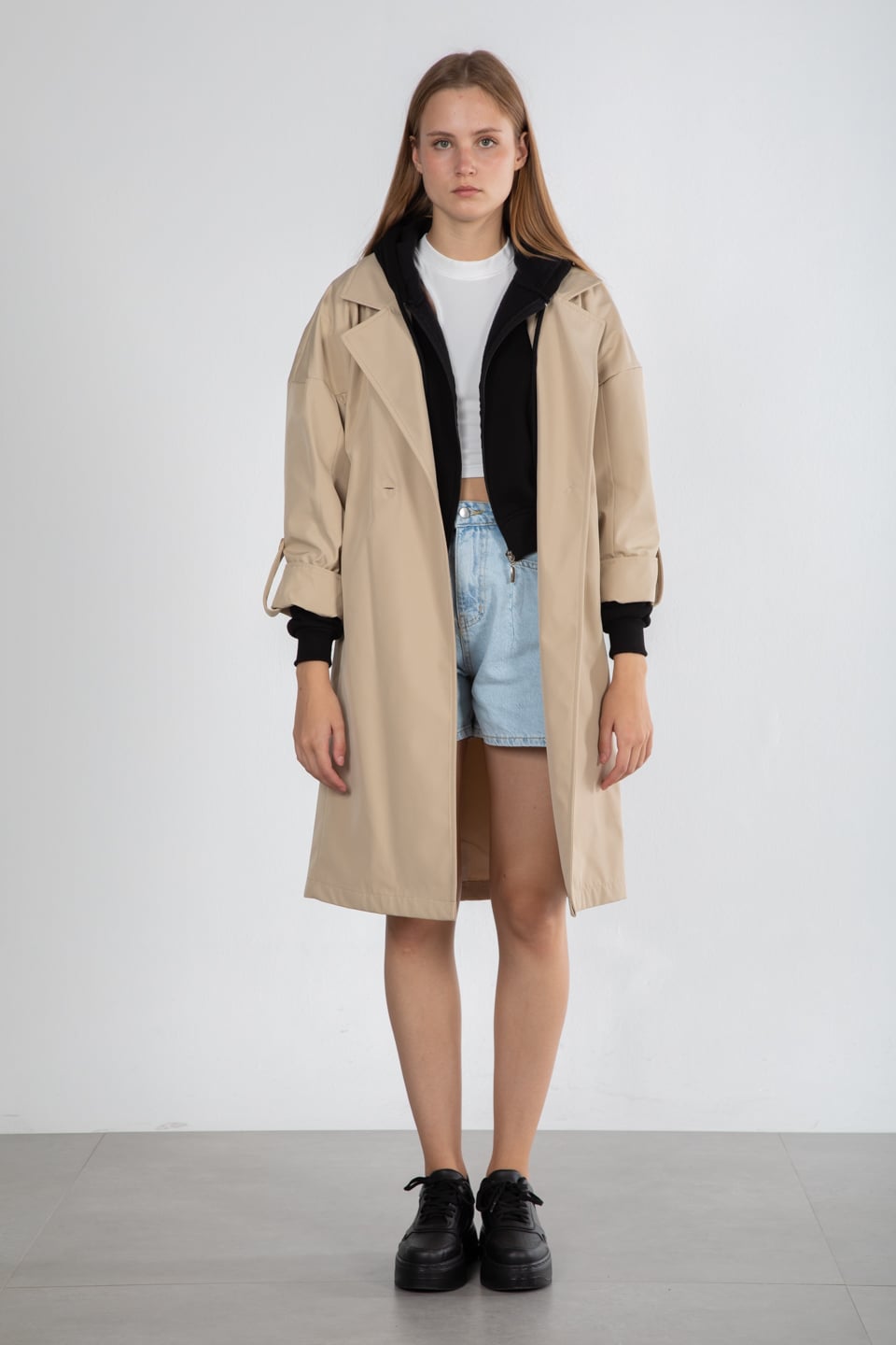 Çift düğmeli kruvaze yaka trench-9104 Taş