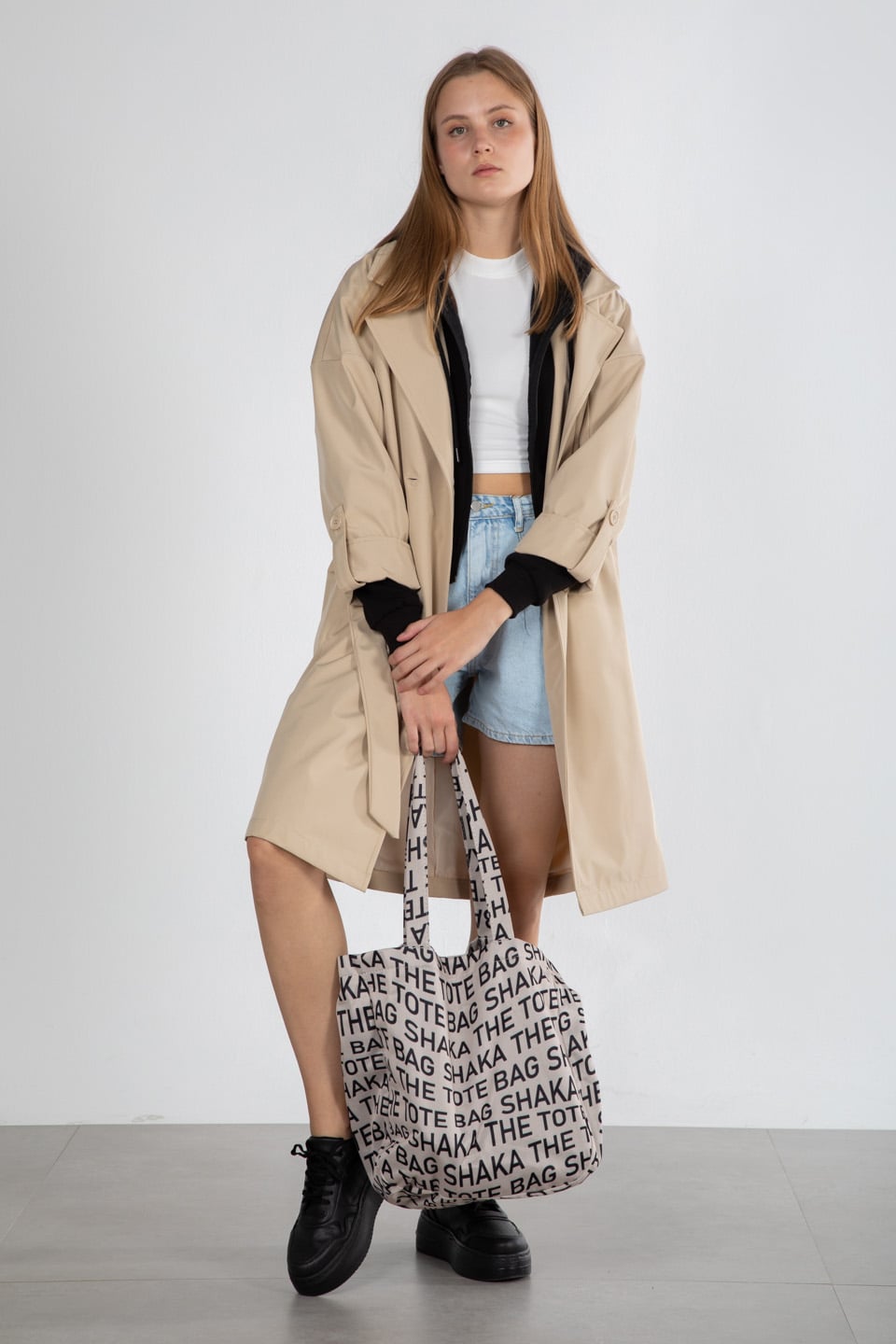 Çift düğmeli kruvaze yaka trench-9104 Taş