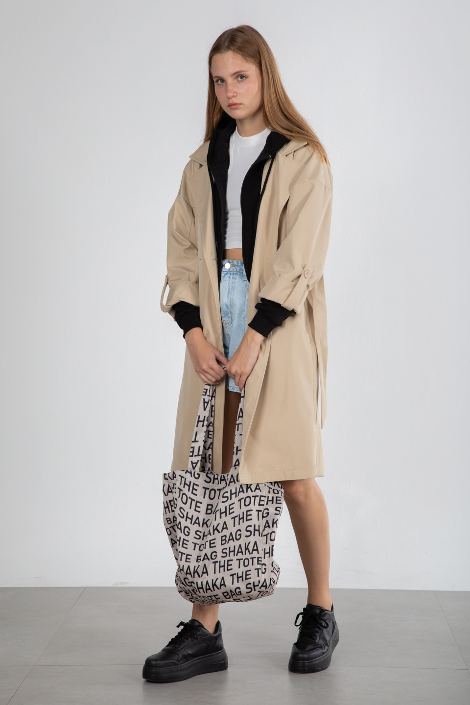 Çift düğmeli kruvaze yaka trench-9104 Taş