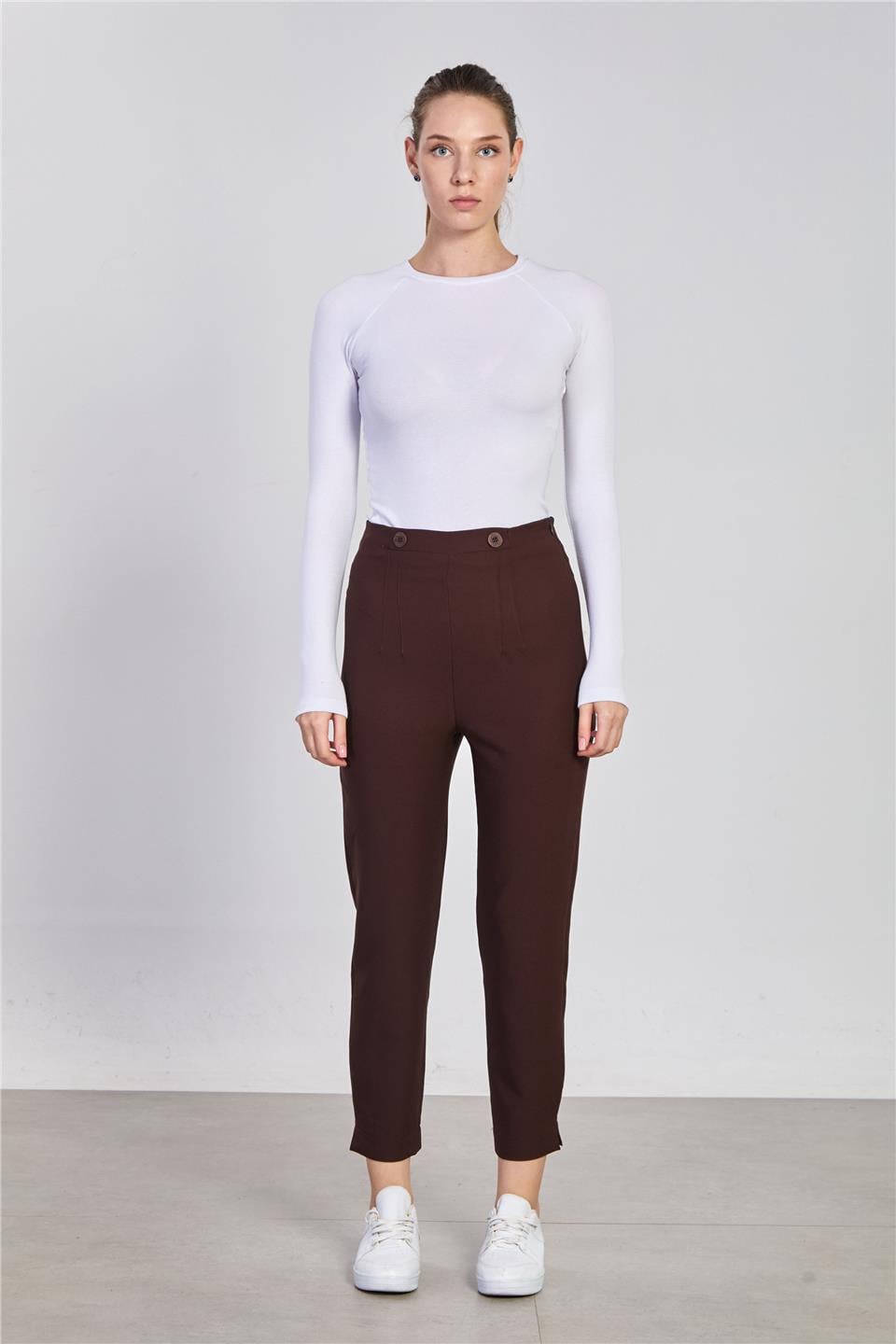 Çift düğmeli pantolon-2343 Kahve