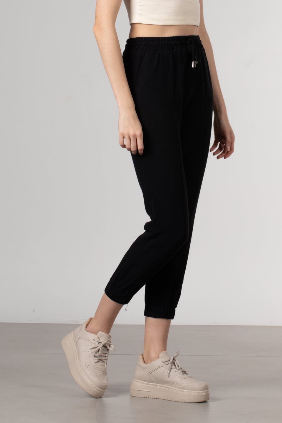 Çimalı paça lastikli keten pantolon-024 Siyah