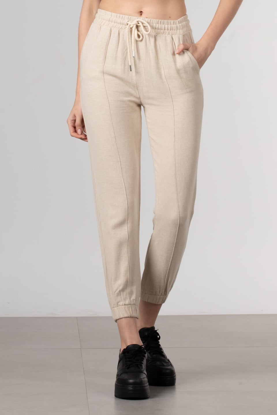 Çimalı paça lastikli keten pantolon-024 Taş