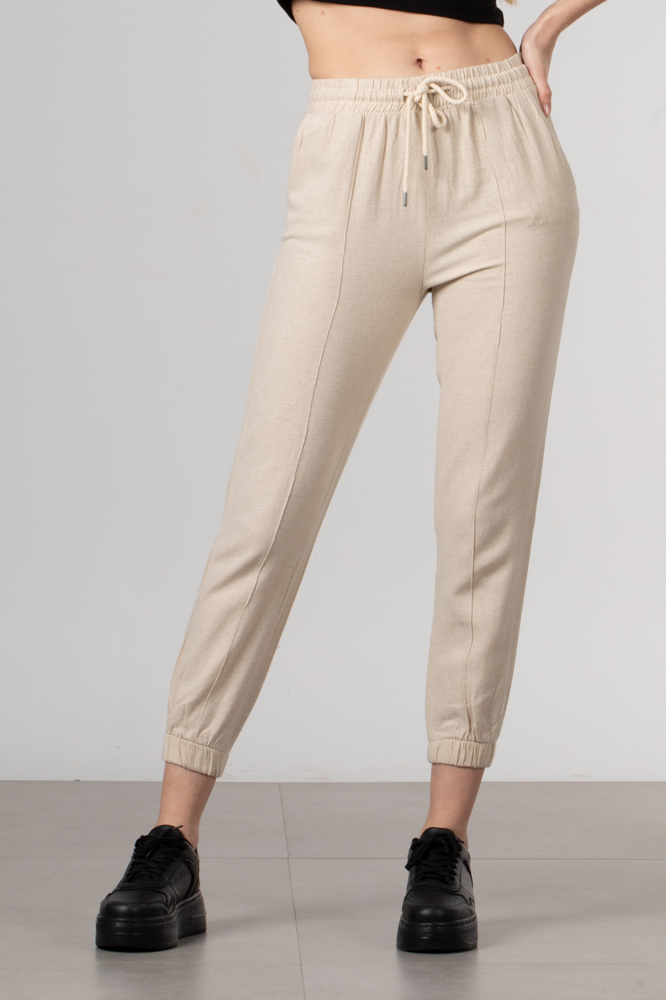 Çimalı paça lastikli keten pantolon-024 Taş
