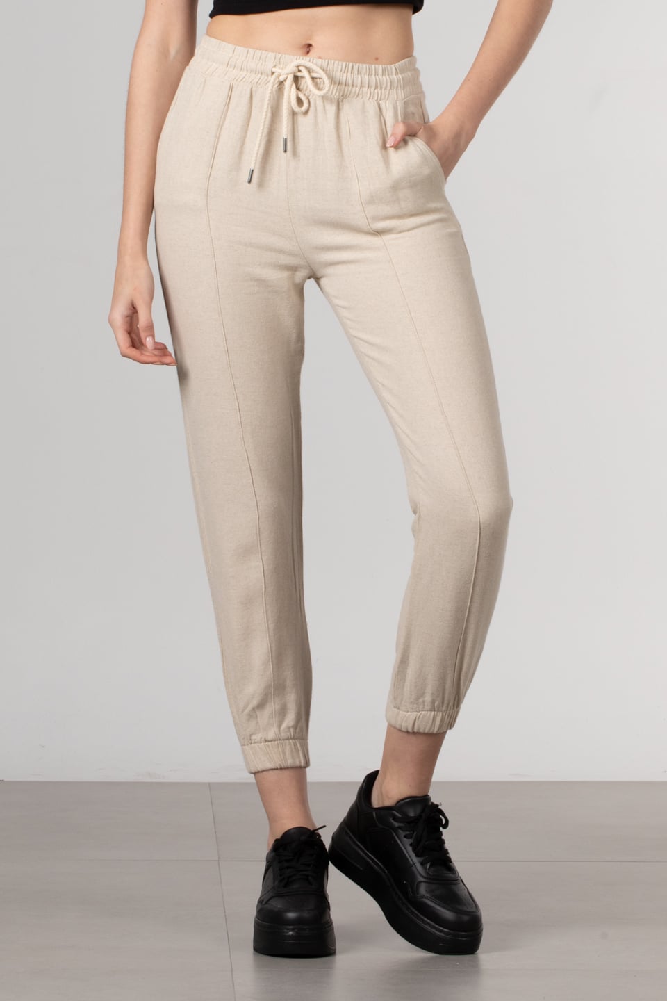 Çimalı paça lastikli keten pantolon-024 Taş