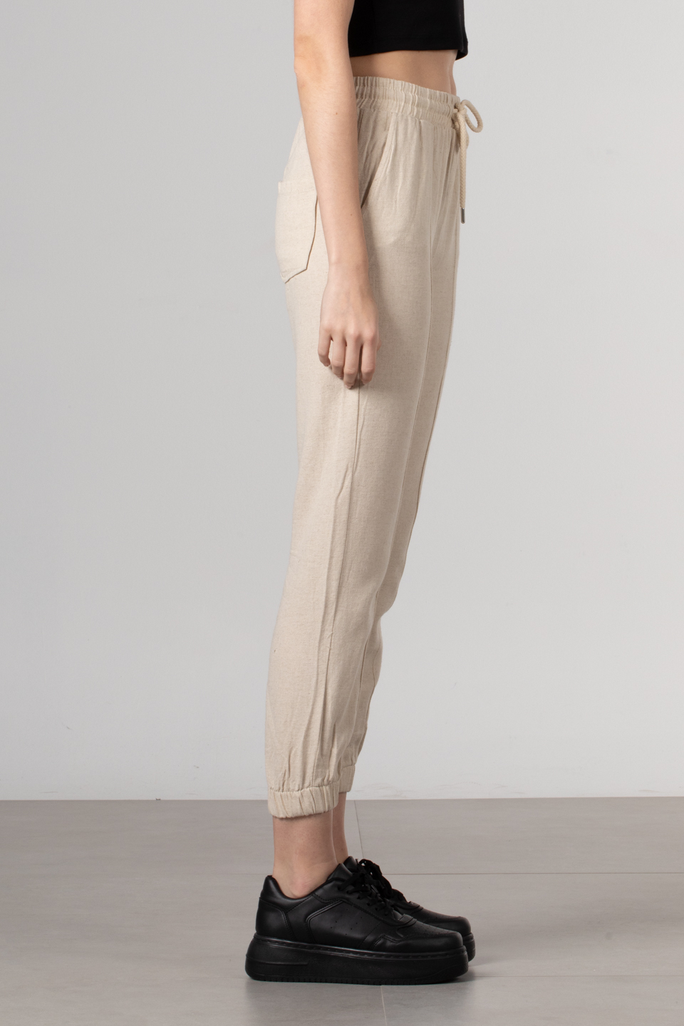Çimalı paça lastikli keten pantolon-024 Taş