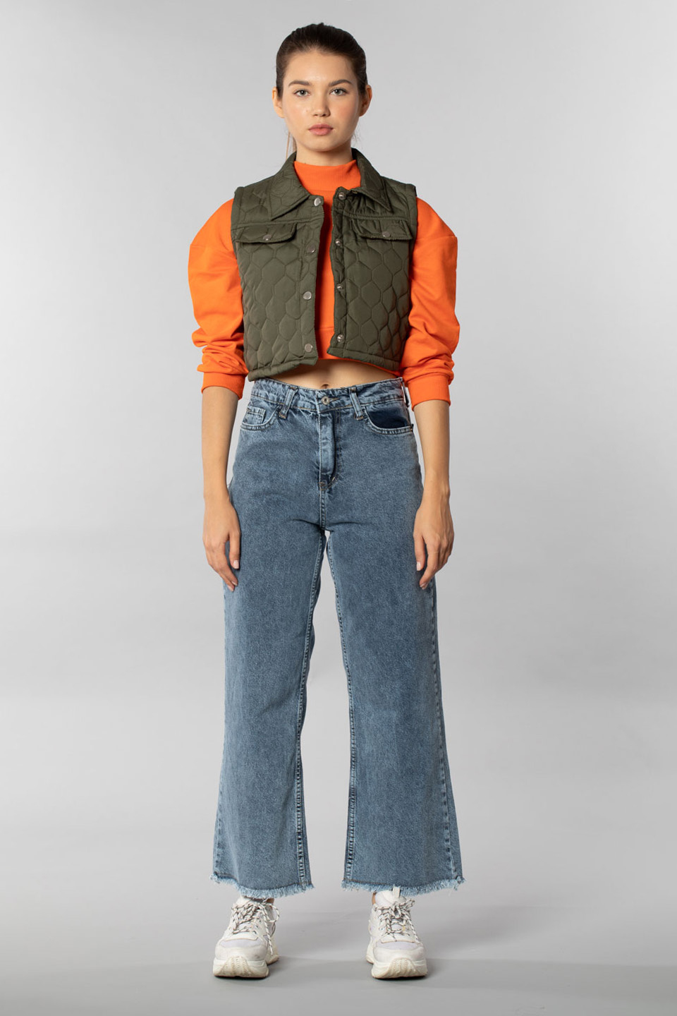 Çıtçıtlı kapitone crop yelek-2012 Haki
