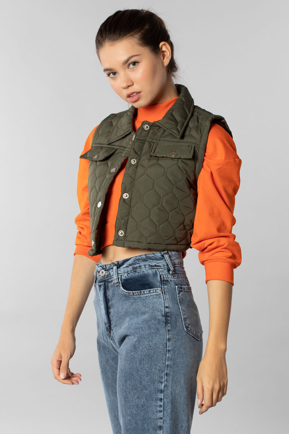 Çıtçıtlı kapitone crop yelek-2012 Haki