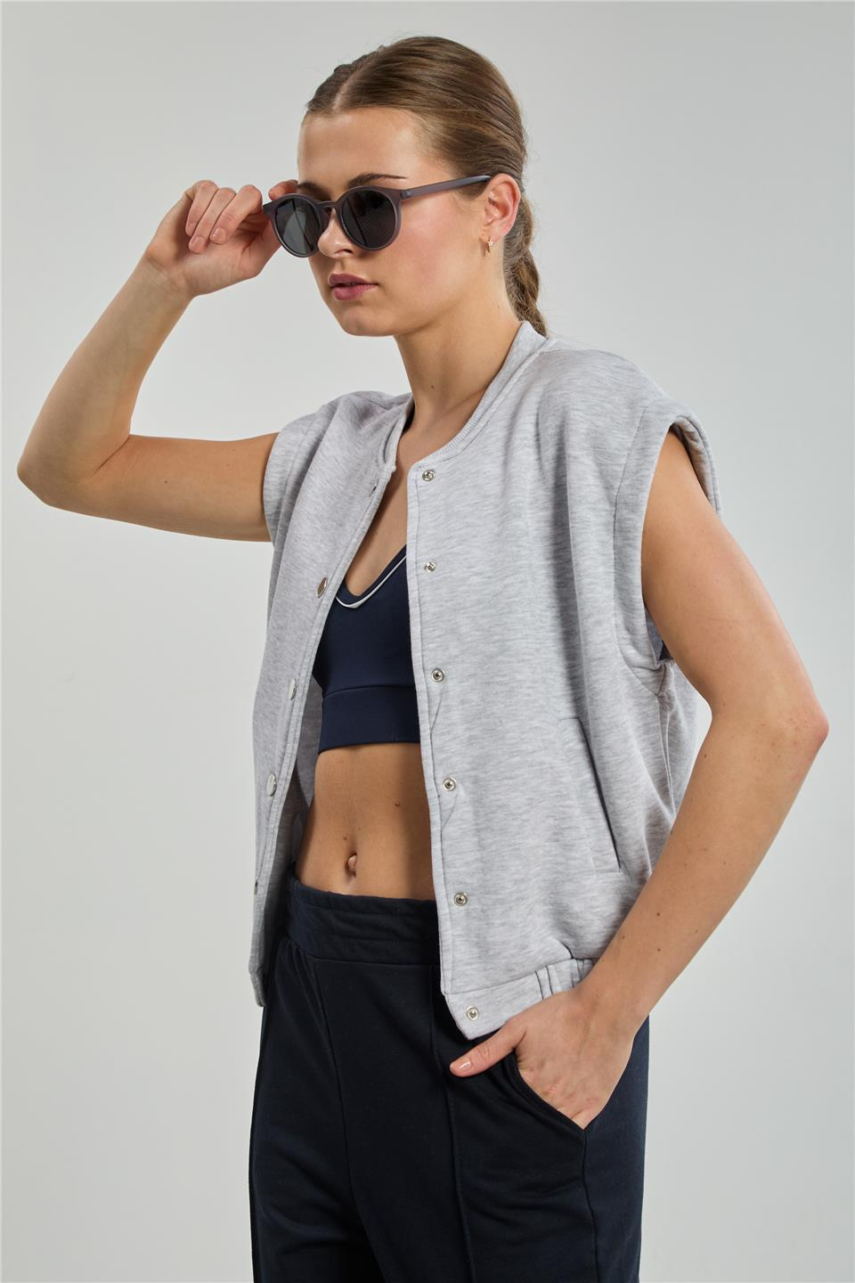 Çıtçıtlı sweat yelek-5688 Kar Melanj