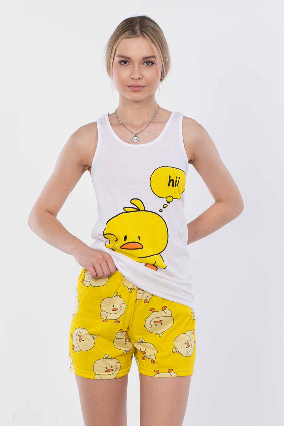 Civciv Baskılı Şortlu Pijama Takımı - Sarı