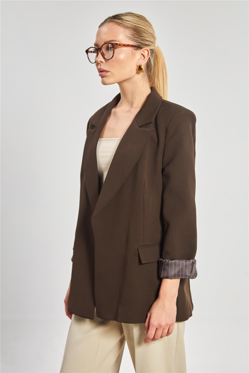 Çizgili astarlı blazer ceket-7560 Kahve