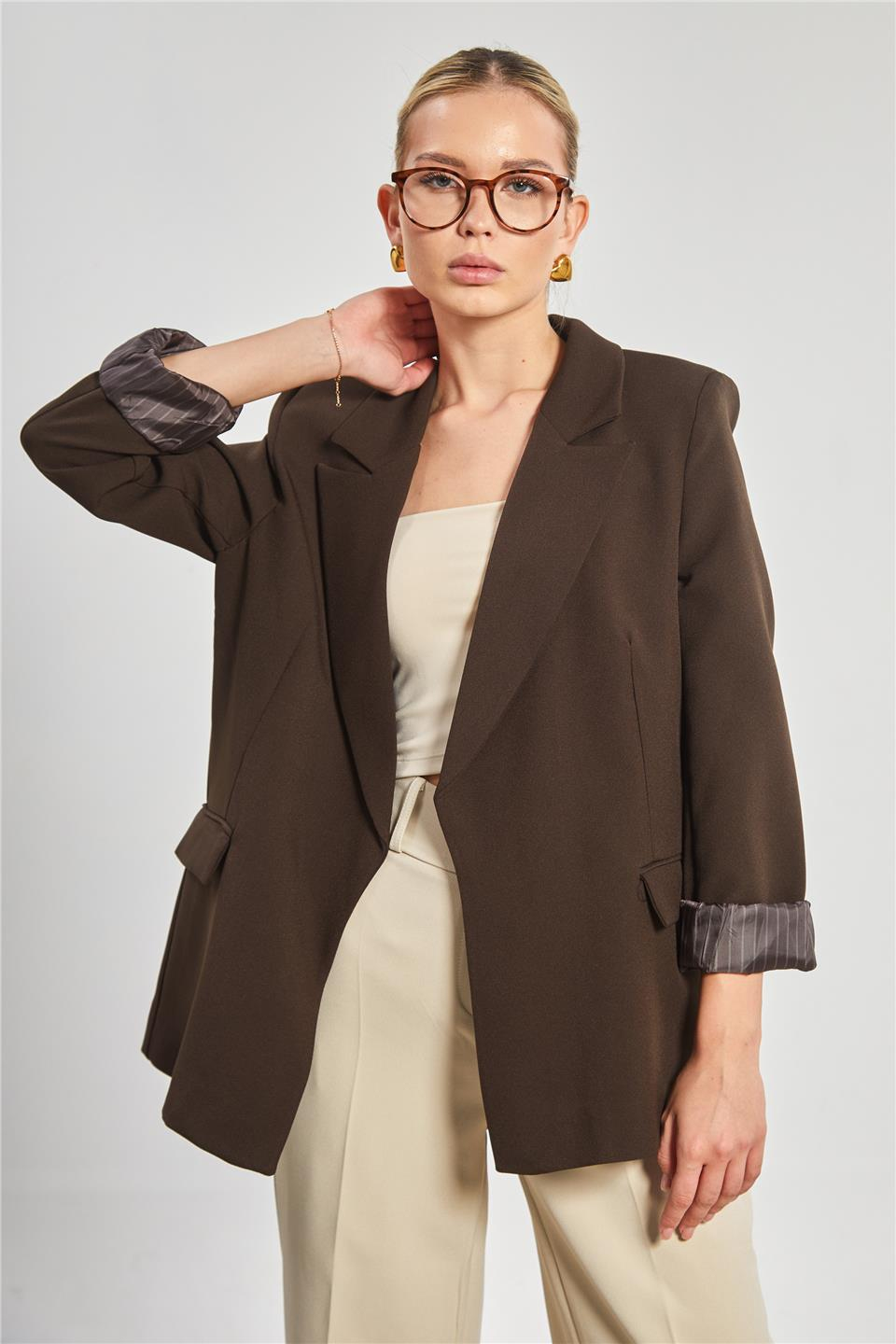Çizgili astarlı blazer ceket-7560 Kahve